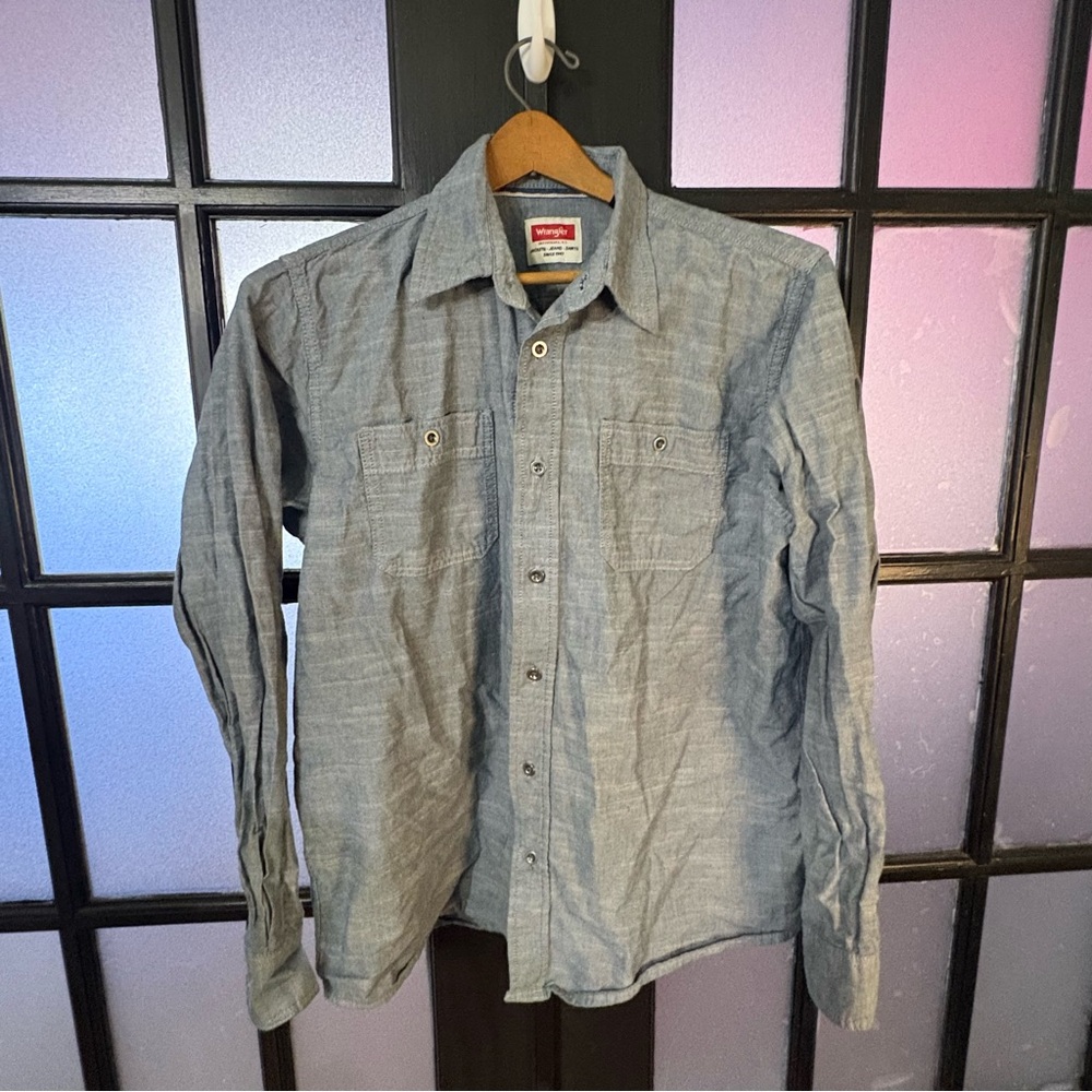 Wrangler Chambray Button Down Shirt Mens Large Western Workwear Utility